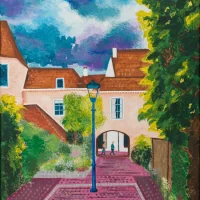 Beschouwend schilderij met een doorkijk in een steeg en toren door Hildo Nijk