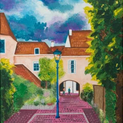 Beschouwend schilderij met een doorkijk in een steeg en toren door Hildo Nijk